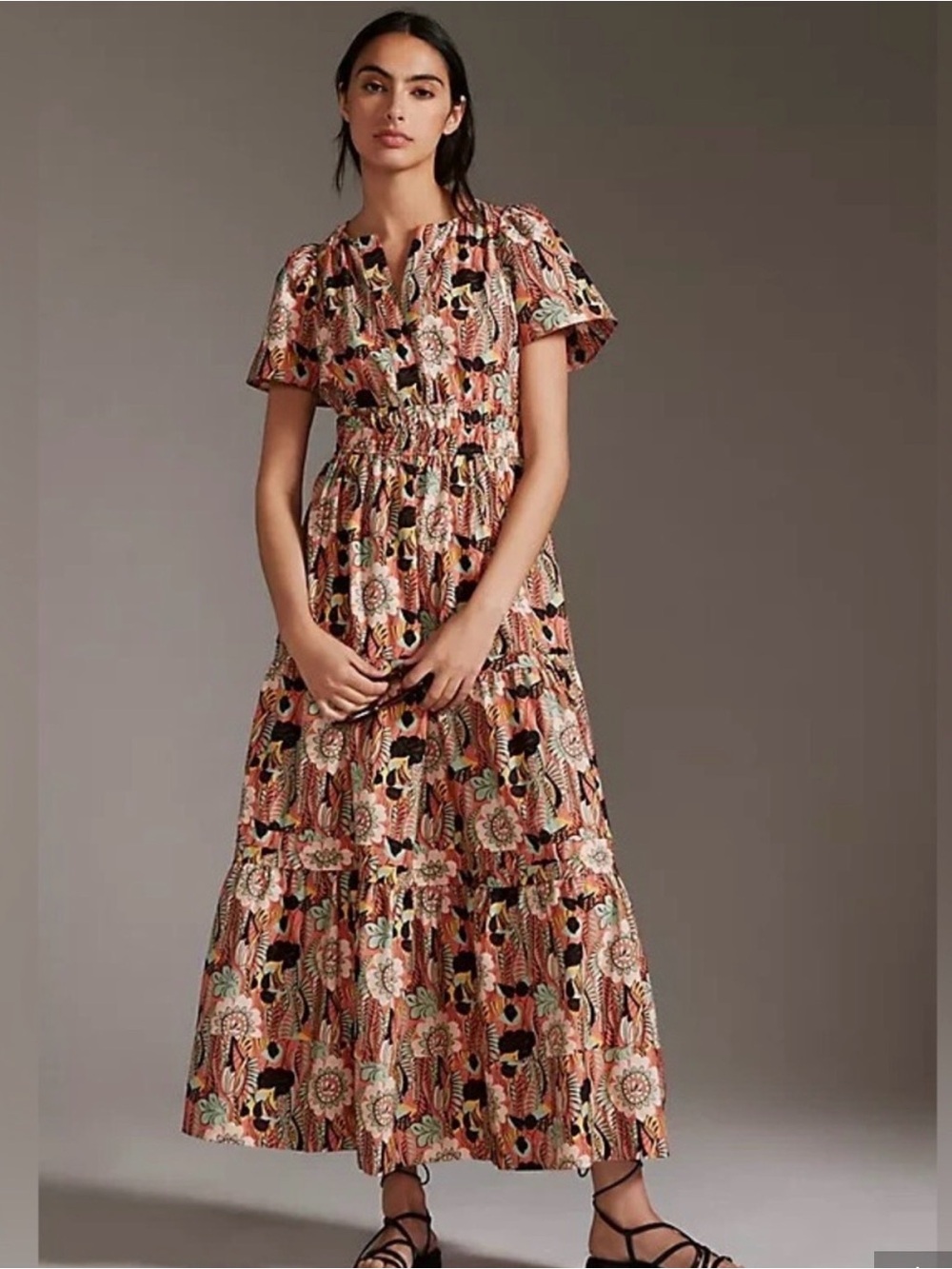 Anthropologie Maeve Coral Multi Floral Tiered Maxi Dress